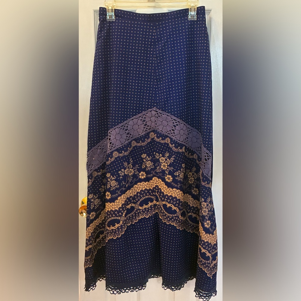 Vintage Bright Navy Prairie Maxi Skirt with Crochet Lace and Floral Accents